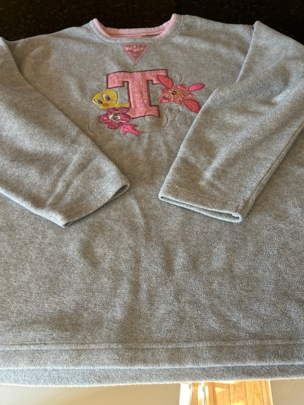 Vintage looneytunes Gray Sweatshirt with Pink Embroidered 'T' and Floral Detail